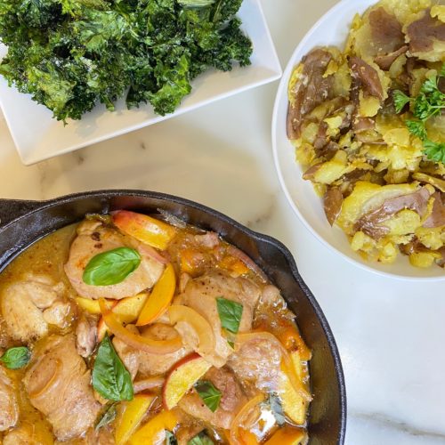 Peach skillet chicken with smashed potatoes and light and crispy kale chips